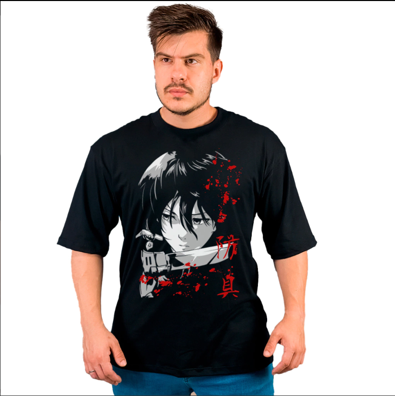 Camiseta Oversized Preta com estampa da personagem Mikasa do Attack on Titan AOT